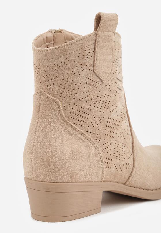 Ciemnobeżowe Botki Ażurowe na Obcasie w Stylu Kowbojek Lalona 8