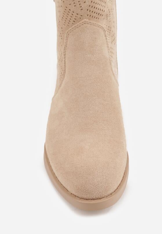 Ciemnobeżowe Botki Ażurowe na Obcasie w Stylu Kowbojek Lalona 9