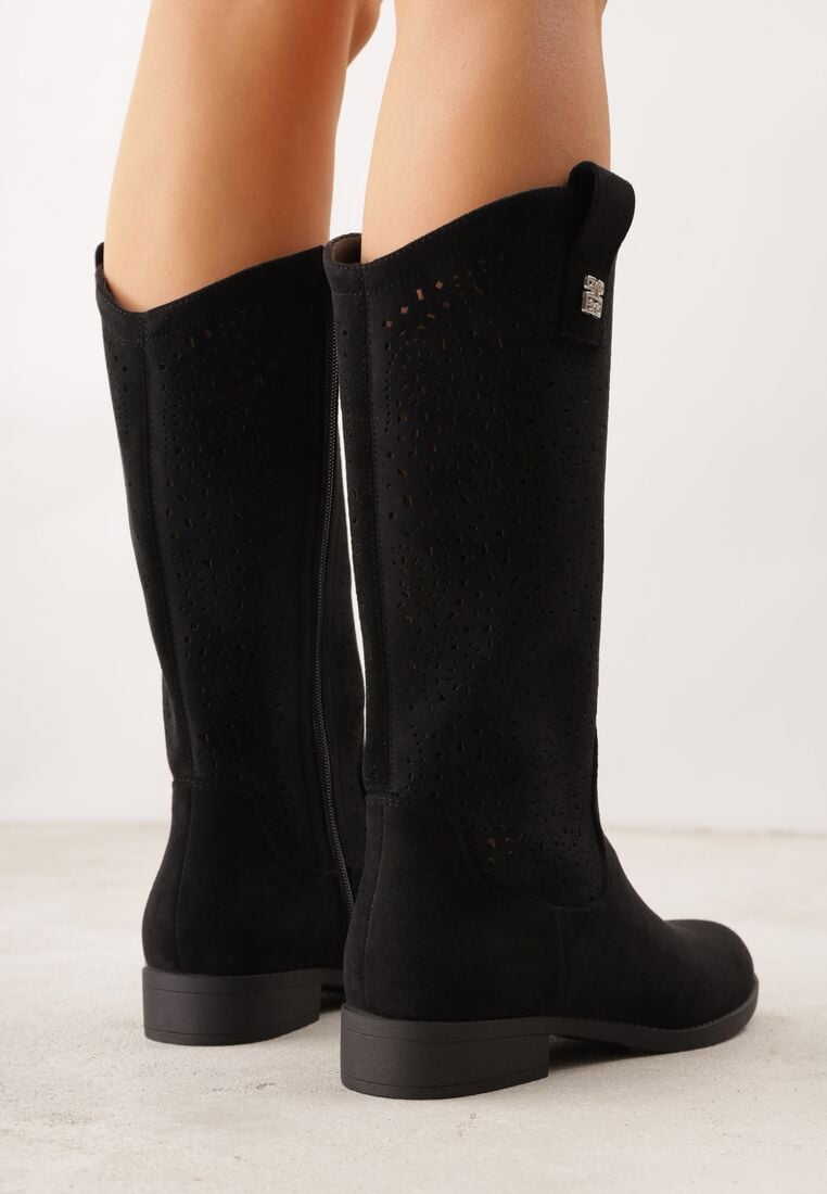 Czarne Botki Typu Kowbojki Ażurowe Ozdobione Metaliczną Aplikacją Iomosa 3