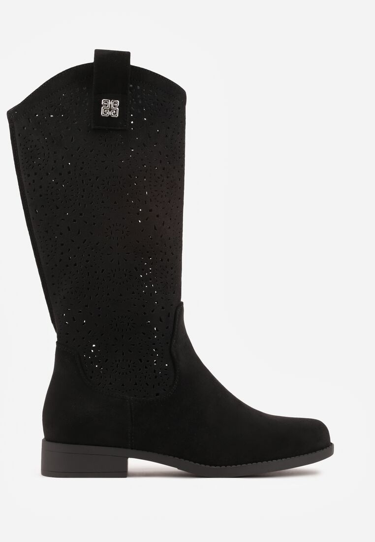 Czarne Botki Typu Kowbojki Ażurowe Ozdobione Metaliczną Aplikacją Iomosa 4