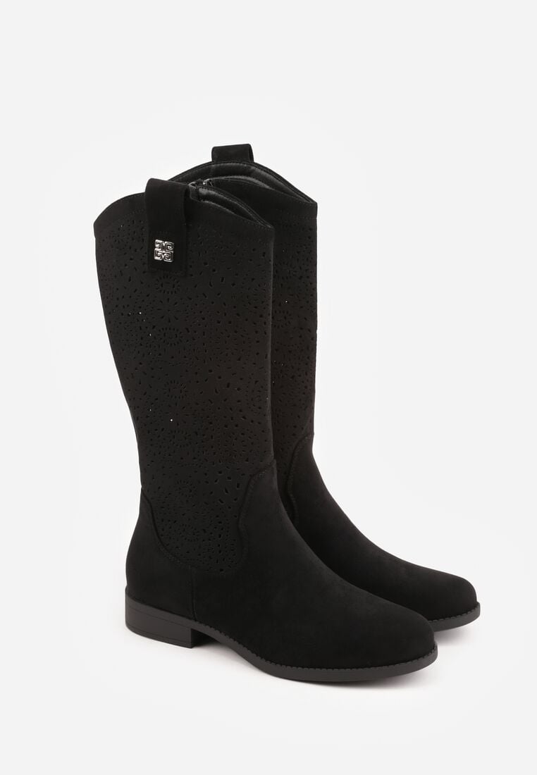 Czarne Botki Typu Kowbojki Ażurowe Ozdobione Metaliczną Aplikacją Iomosa 5