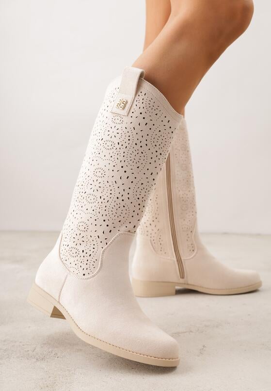 Beżowe Botki Ażurowe Ozdobione Metaliczną Aplikacją Iomosa 2
