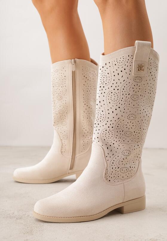 Beżowe Botki Ażurowe Ozdobione Metaliczną Aplikacją Iomosa 1