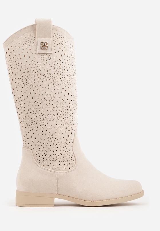 Beżowe Botki Ażurowe Ozdobione Metaliczną Aplikacją Iomosa 4