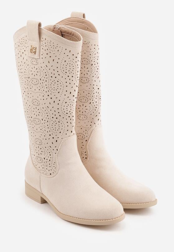 Beżowe Botki Ażurowe Ozdobione Metaliczną Aplikacją Iomosa 5