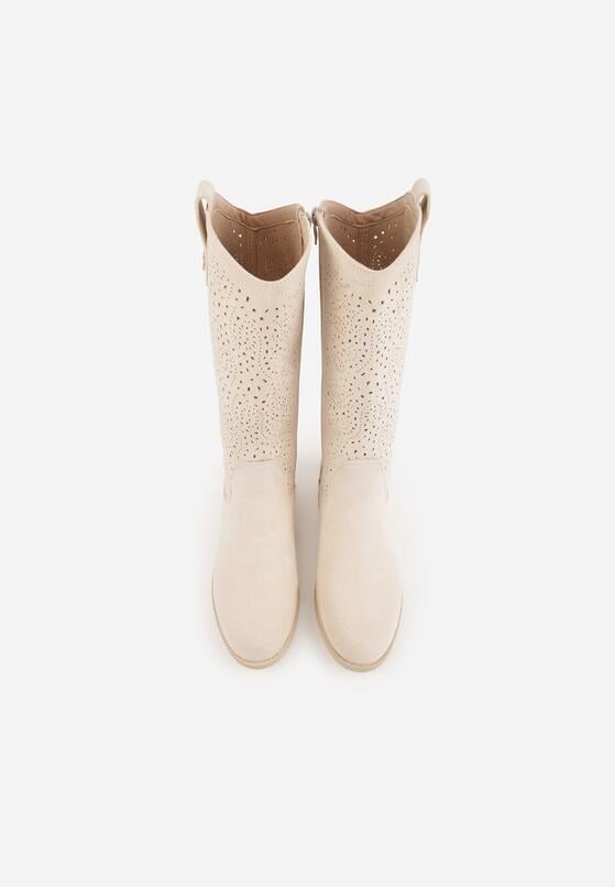 Beżowe Botki Ażurowe Ozdobione Metaliczną Aplikacją Iomosa 6