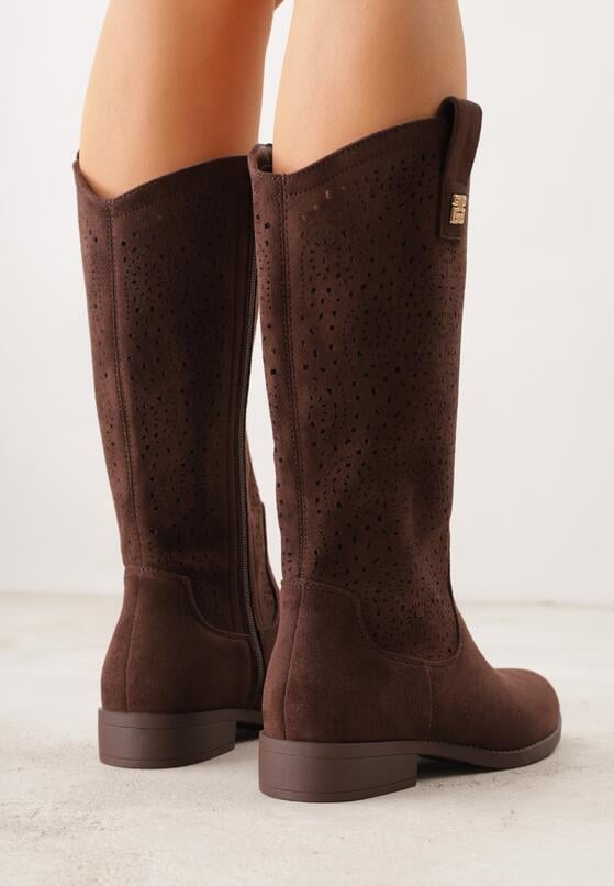 Brązowe Botki Ażurowe Ozdobione Metaliczną Aplikacją Iomosa 3