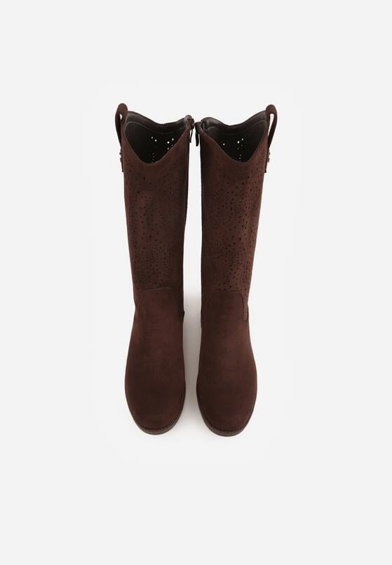 Brązowe Botki Ażurowe Ozdobione Metaliczną Aplikacją Iomosa 6