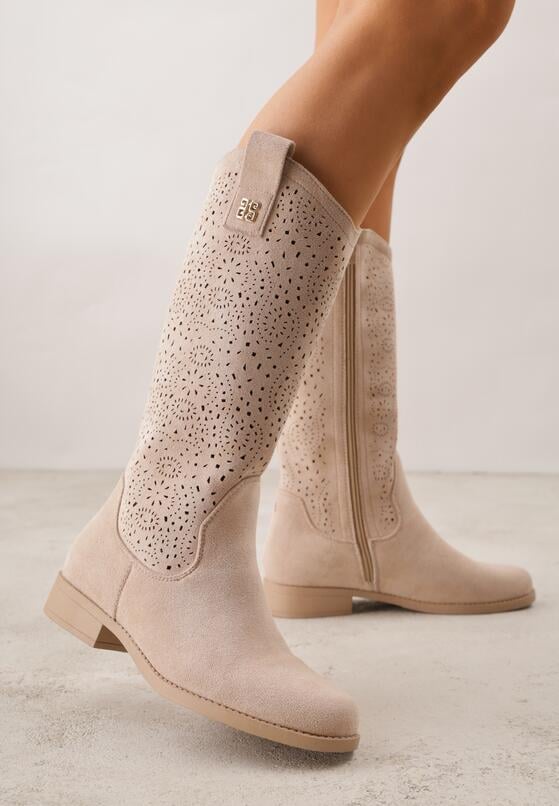 Ciemnobeżowe Botki Ażurowe Ozdobione Metaliczną Aplikacją Iomosa 2