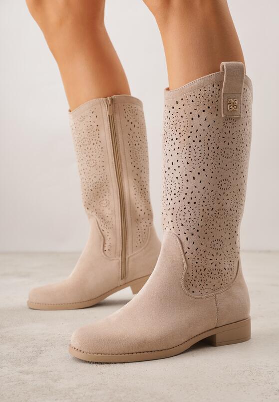 Ciemnobeżowe Botki Ażurowe Ozdobione Metaliczną Aplikacją Iomosa 1