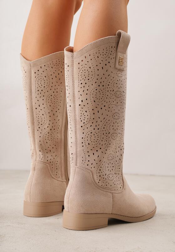 Ciemnobeżowe Botki Ażurowe Ozdobione Metaliczną Aplikacją Iomosa 3