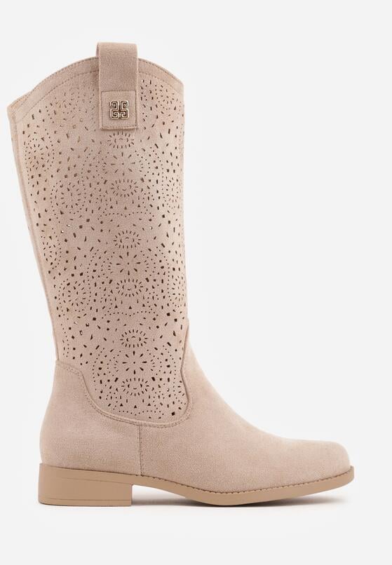 Ciemnobeżowe Botki Ażurowe Ozdobione Metaliczną Aplikacją Iomosa 4