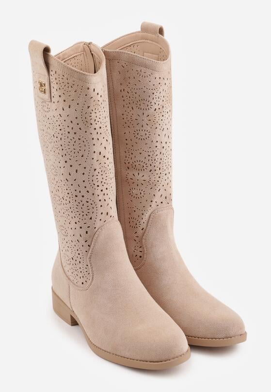 Ciemnobeżowe Botki Ażurowe Ozdobione Metaliczną Aplikacją Iomosa 5