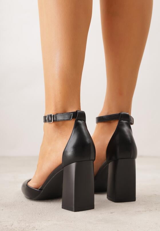 Czarne Klasyczne Czółenka na Słupku z Noskiem w Szpic i Paskiem Tenoris 3