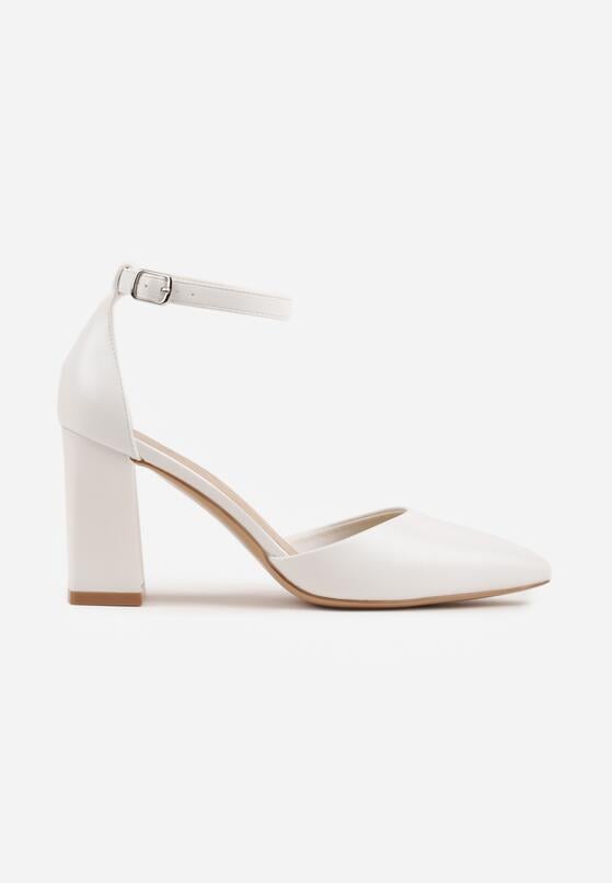 Białe Klasyczne Czółenka na Słupku z Noskiem w Szpic i Paskiem Tenoris 4