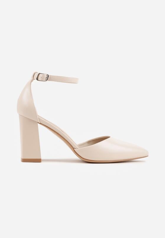 Beżowe Klasyczne Czółenka na Słupku z Noskiem w Szpic i Paskiem Tenoris 4