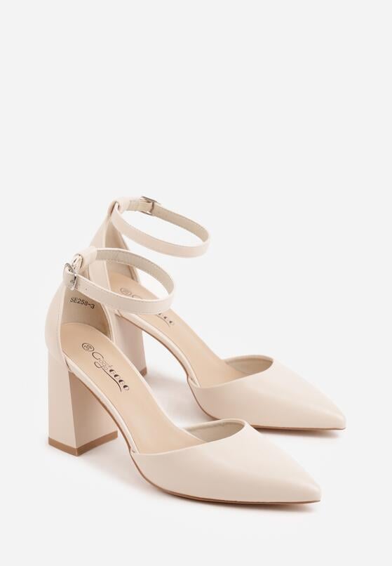 Beżowe Klasyczne Czółenka na Słupku z Noskiem w Szpic i Paskiem Tenoris 5