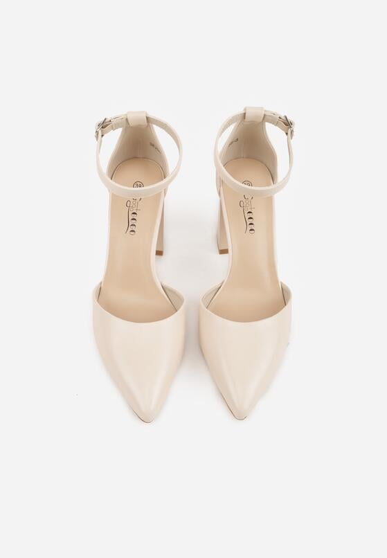 Beżowe Klasyczne Czółenka na Słupku z Noskiem w Szpic i Paskiem Tenoris 6