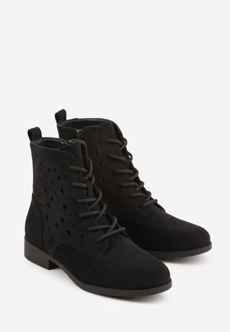 Czarne Sznurowane Botki z Ażurową Cholewką Zeliana 5