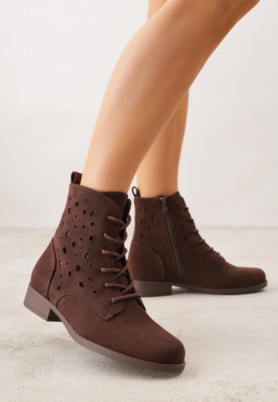 Brązowe Sznurowane Botki z Ażurową Cholewką Zeliana 1