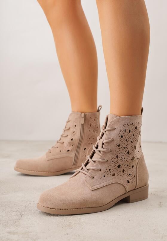 Ciemnobeżowe Sznurowane Botki z Ażurową Cholewką Zeliana 1