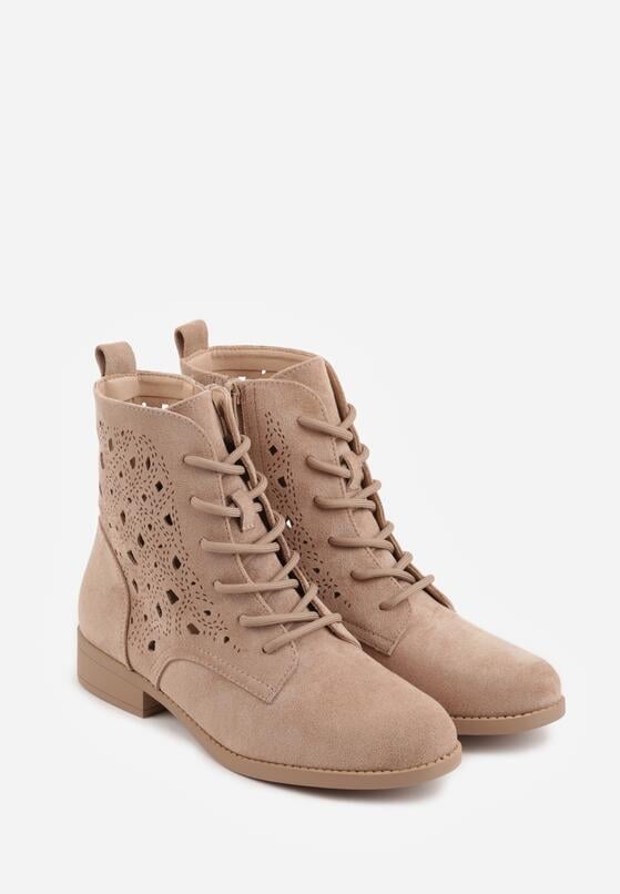 Ciemnobeżowe Sznurowane Botki z Ażurową Cholewką Zeliana 5