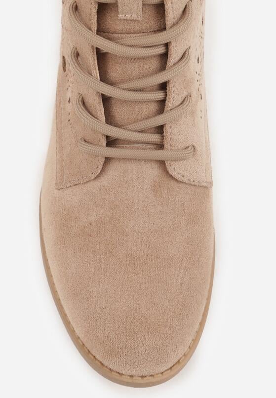 Ciemnobeżowe Sznurowane Botki z Ażurową Cholewką Zeliana 9