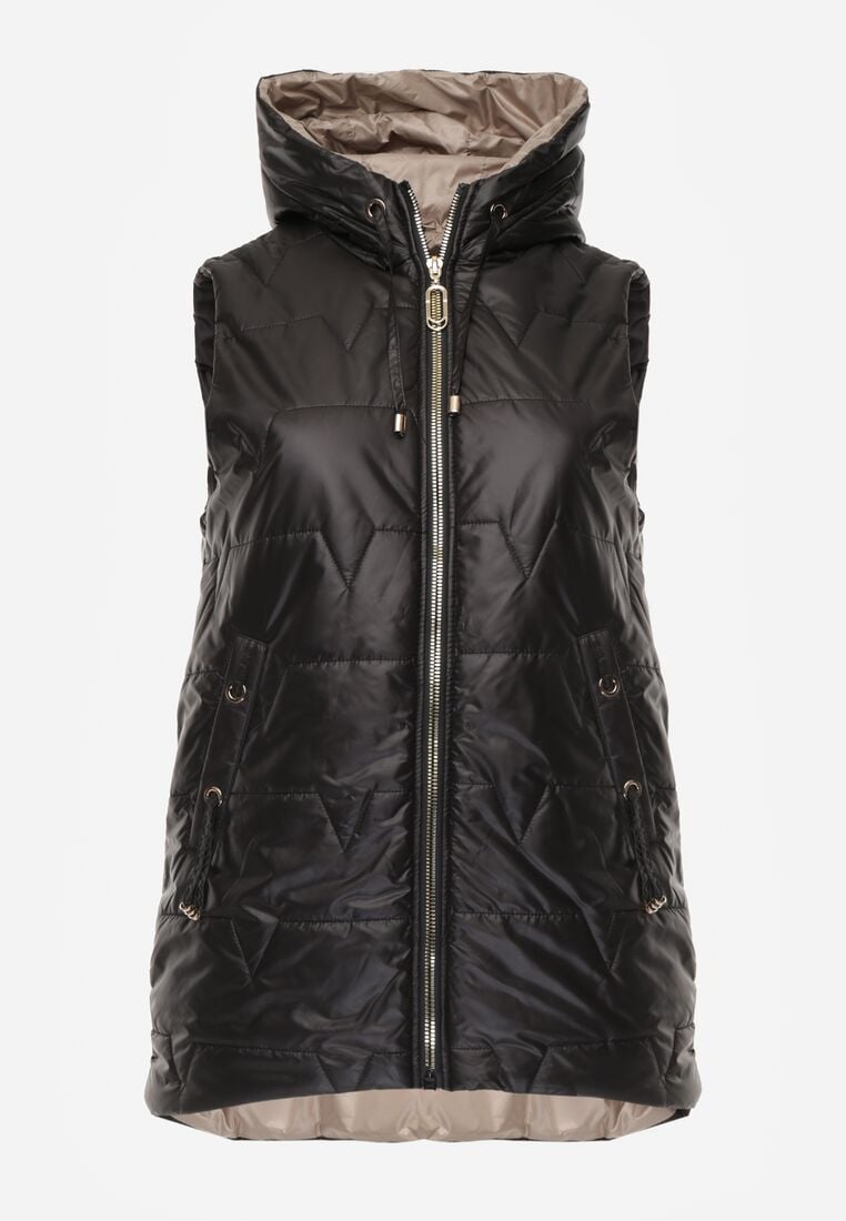 Czarna Kamizelka z Nieodpinanym Kapturem i Geometrycznym Pikowaniem Kalousa 1