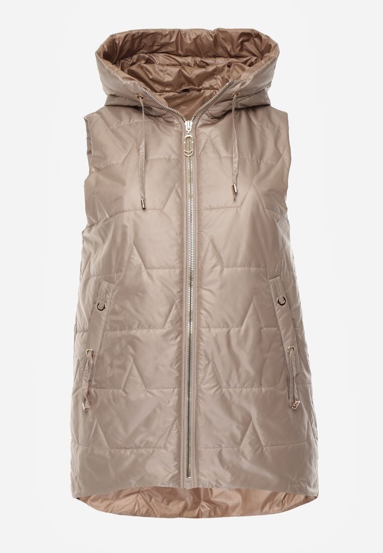 Jasnobrązowa Kamizelka z Nieodpinanym Kapturem i Geometrycznym Pikowaniem Kalousa 1