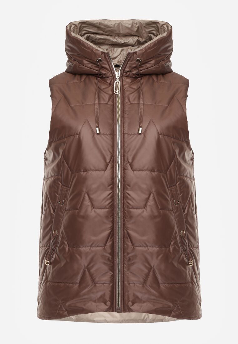 Brązowa Kamizelka z Nieodpinanym Kapturem i Geometrycznym Pikowaniem Kalousa 1