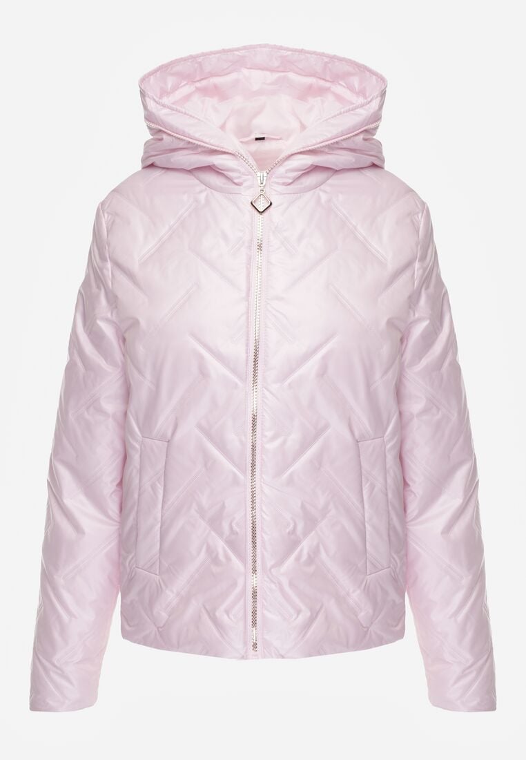 Różowa Kurtka Pikowana z Nieodpinanym Kapturem i Aplikacją na Rękawie Endora 6