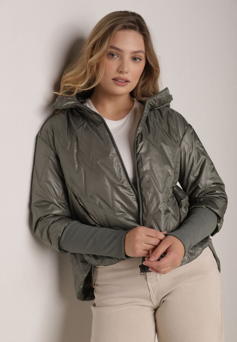 Zielona Kurtka z Kapturem Pikowana z Materiałowymi Wykończeniami Sofie 4
