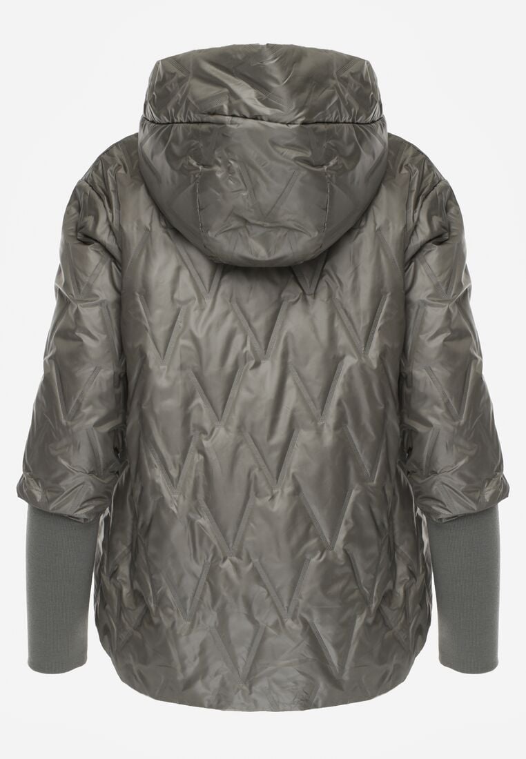 Zielona Kurtka z Kapturem Pikowana z Materiałowymi Wykończeniami Sofie 7