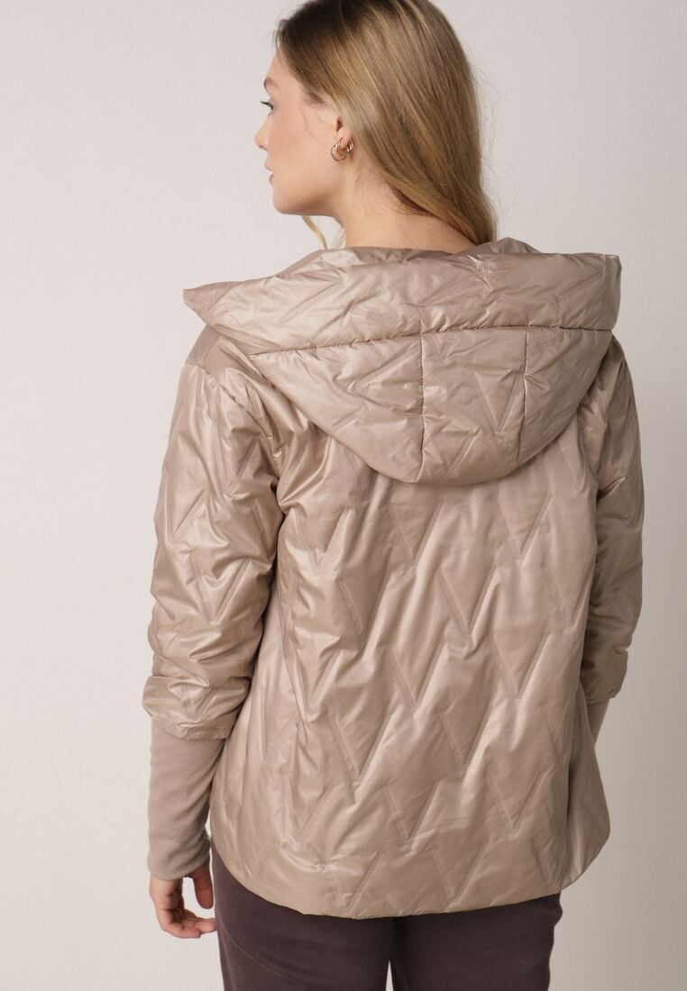 Ciemnobeżowa Kurtka z Kapturem Pikowana z Materiałowymi Wykończeniami Sofie 3