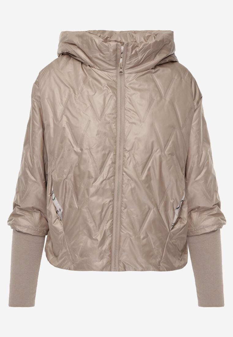 Ciemnobeżowa Kurtka z Kapturem Pikowana z Materiałowymi Wykończeniami Sofie 6