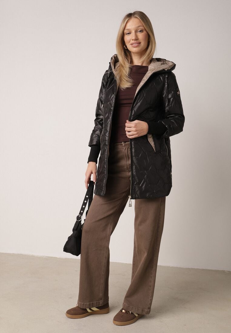 Czarna Pikowana Kurtka Przejściowa z Kapturem i Bocznymi Suwakami Mado 2