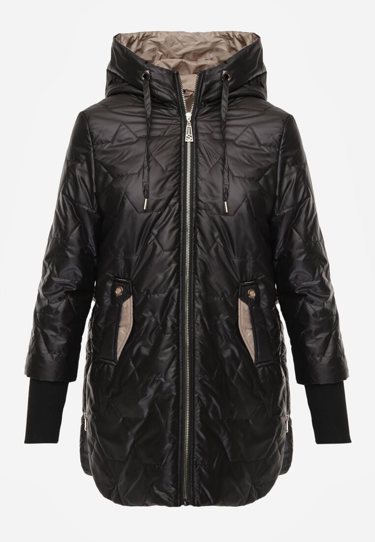 Czarna Pikowana Kurtka Przejściowa z Kapturem i Bocznymi Suwakami Mado 6