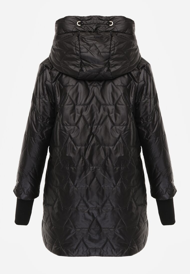 Czarna Pikowana Kurtka Przejściowa z Kapturem i Bocznymi Suwakami Mado 7