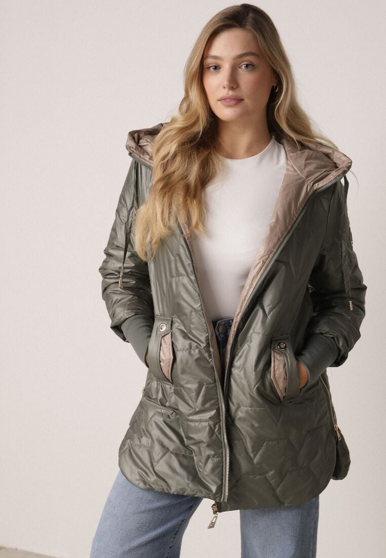 Zielona Pikowana Kurtka Przejściowa z Kapturem i Bocznymi Suwakami Mado 1