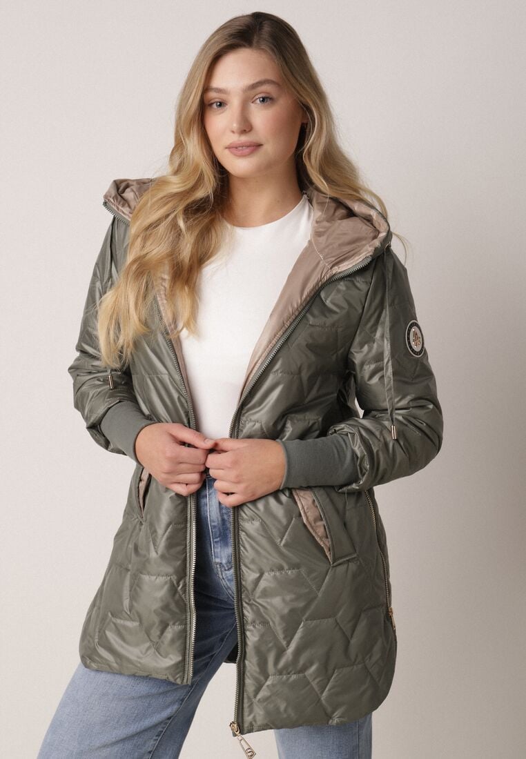 Zielona Pikowana Kurtka Przejściowa z Kapturem i Bocznymi Suwakami Mado 4