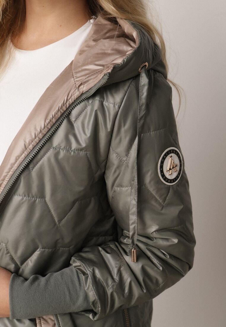 Zielona Pikowana Kurtka Przejściowa z Kapturem i Bocznymi Suwakami Mado 5