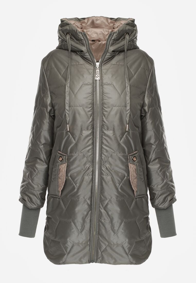 Zielona Pikowana Kurtka Przejściowa z Kapturem i Bocznymi Suwakami Mado 6