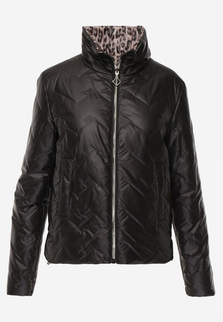 Czarna Dwustronna Kurtka Pikowana Ozdobiona Naszywką i Panterką Nemopis 6