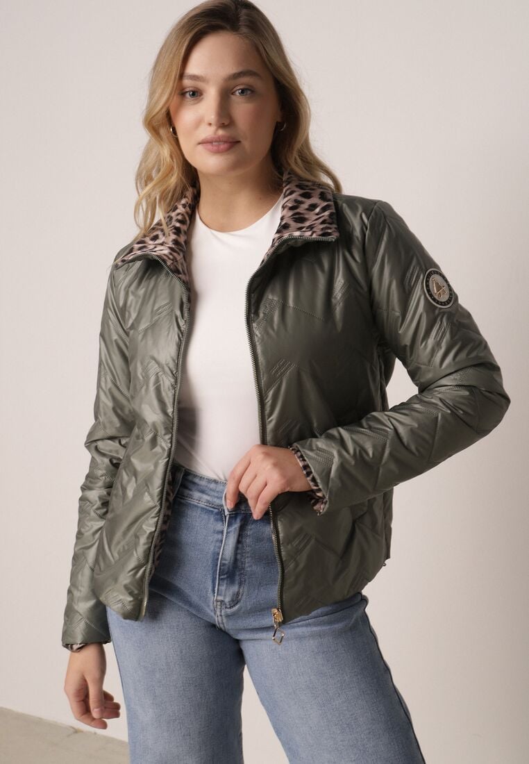 Zielona Dwustronna Kurtka Pikowana Ozdobiona Naszywką i Panterką Nemopis 1