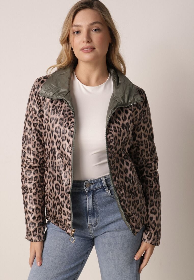 Zielona Dwustronna Kurtka Pikowana Ozdobiona Naszywką i Panterką Nemopis 2