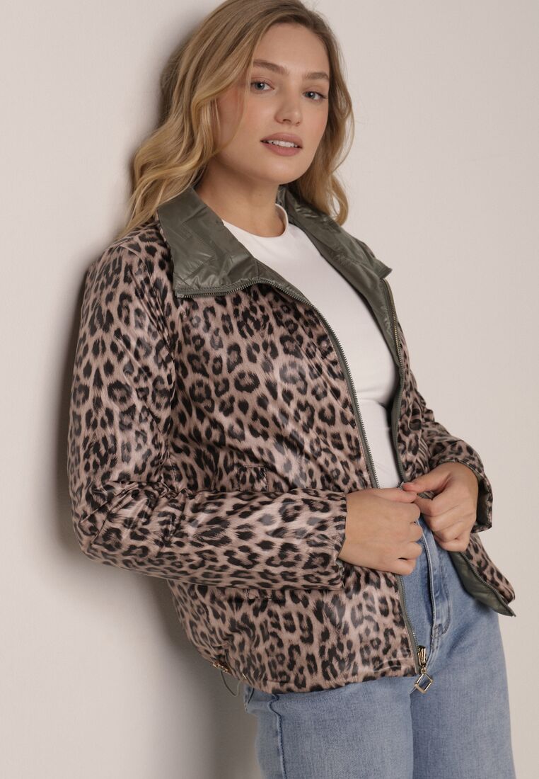 Zielona Dwustronna Kurtka Pikowana Ozdobiona Naszywką i Panterką Nemopis 4