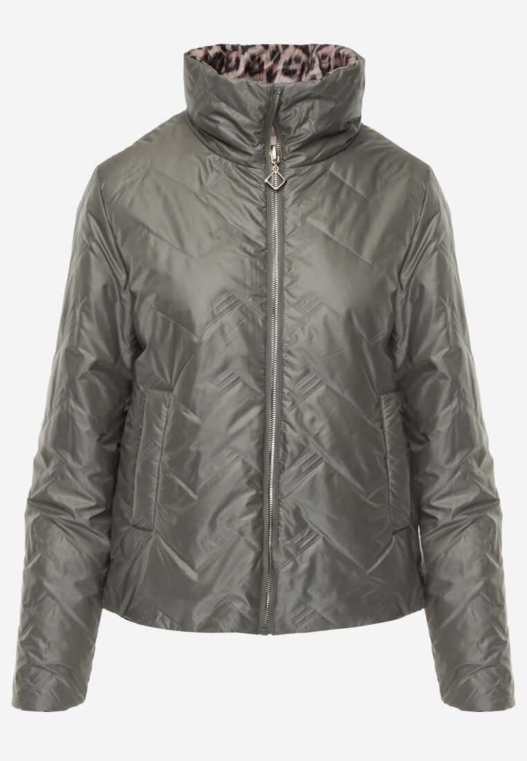 Zielona Dwustronna Kurtka Pikowana Ozdobiona Naszywką i Panterką Nemopis 6