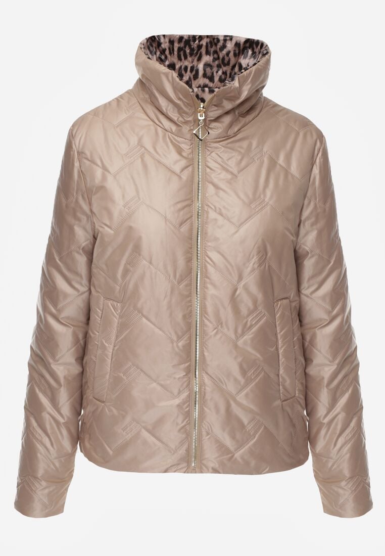 Ciemnobeżowa Dwustronna Kurtka Pikowana Ozdobiona Naszywką i Panterką Nemopis 6