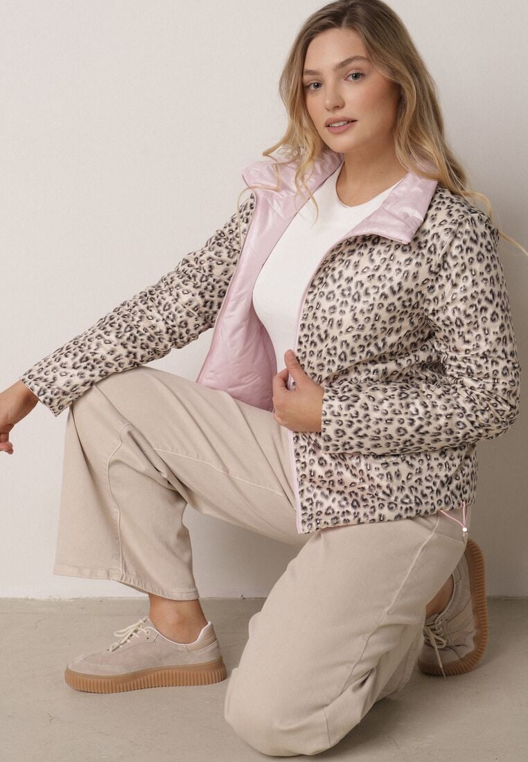 Różowa Dwustronna Kurtka Pikowana Ozdobiona Naszywką i Panterką Nemopis 4