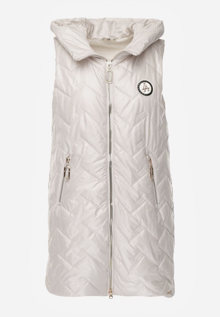 Jasnoszara Przejściowa Kamizelka Pikowana o Długim Kroju z Kapturem i Naszywką Harmaste 6